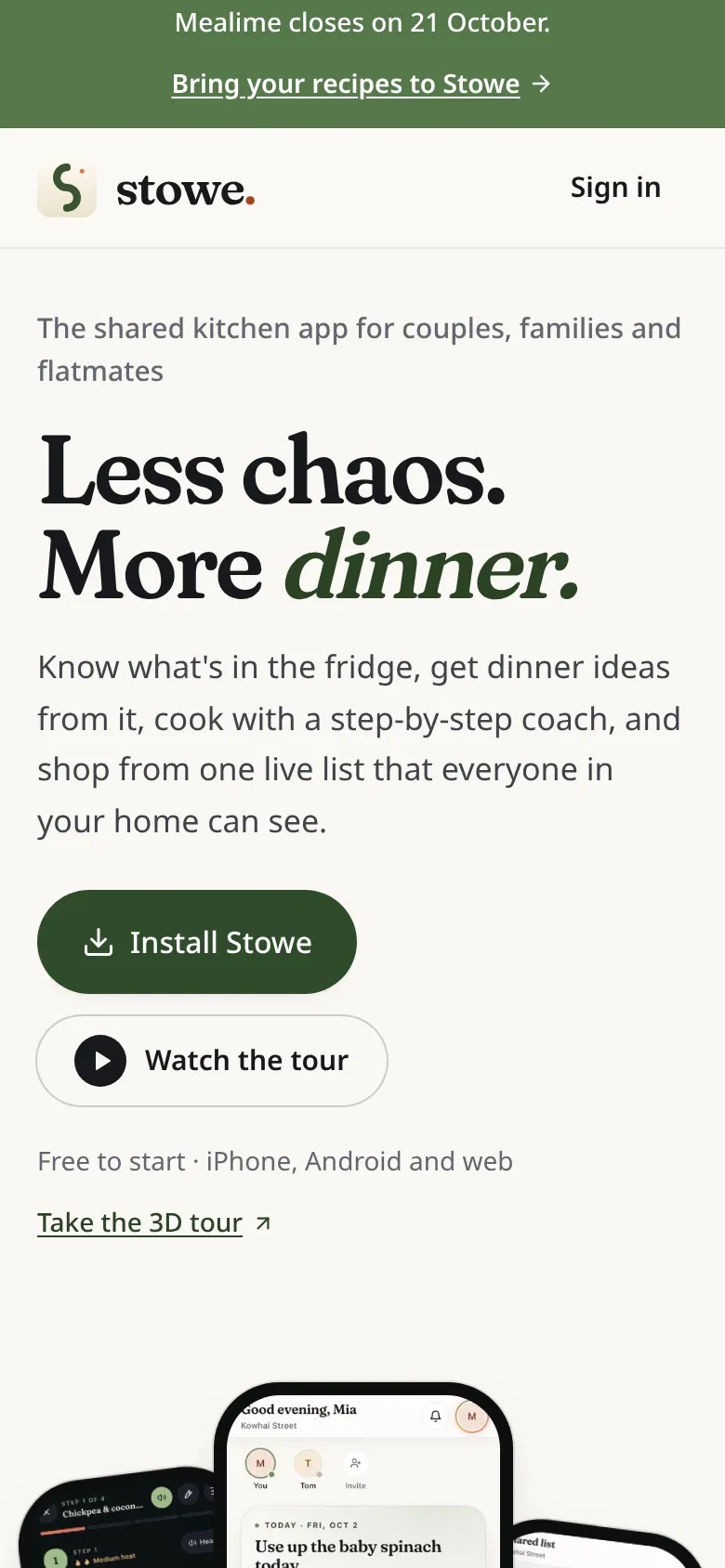Stowe website on a phone, 390px wide